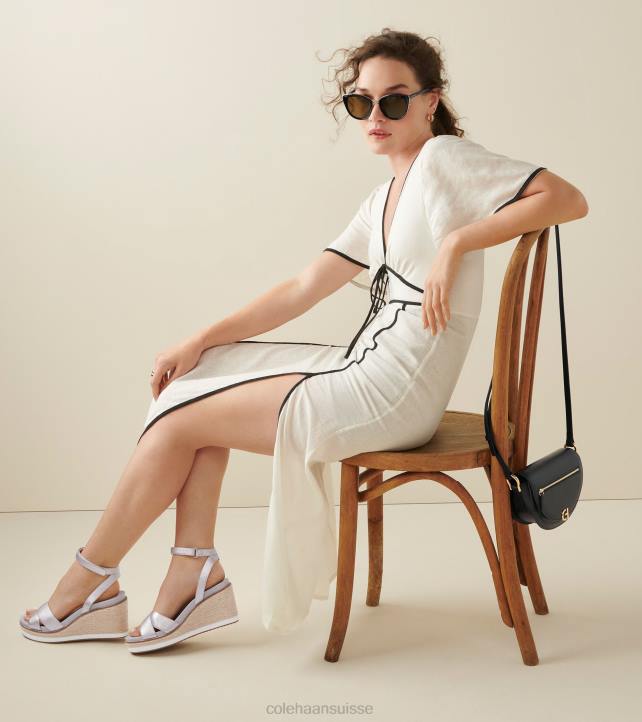 Cole Haan sandale compensée espadrille cloudfeel femmes PJ6N28 cuir argenté chaussure